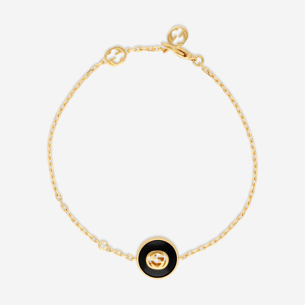 Gucci Interlocking G Armband 18 Kt Gelbgold mit Onyx und Diamant YBA786556001