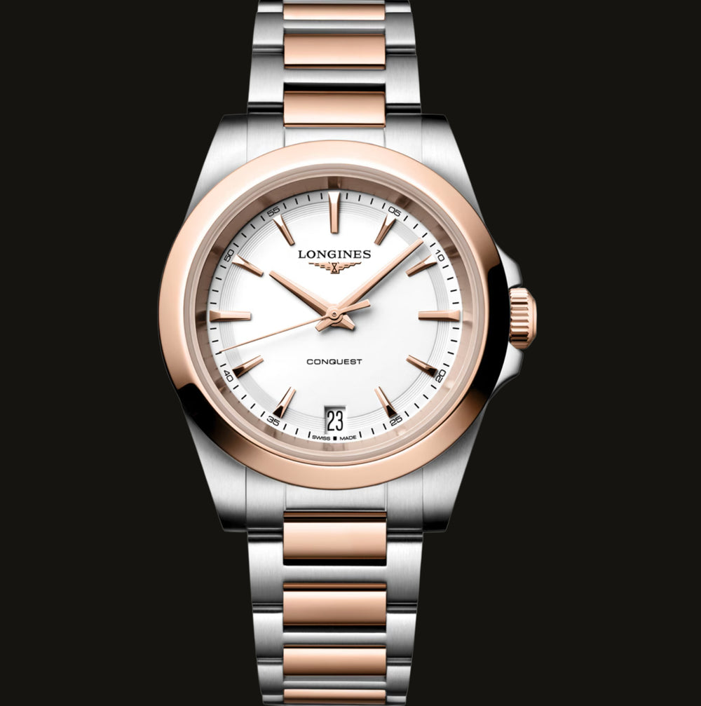 Longines Conquest 34mm Quarz Bicolor Weiss