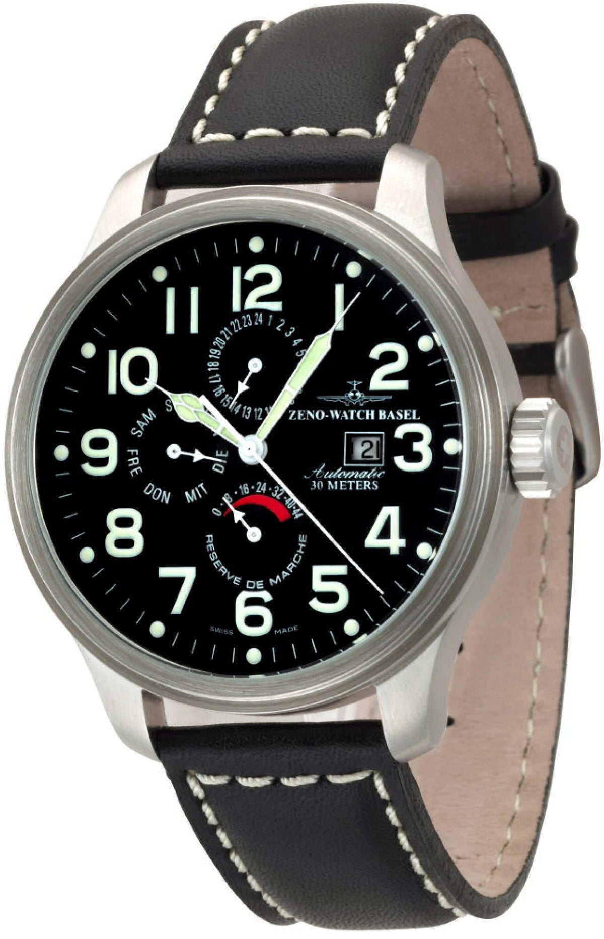 Zeno Watch Oversized Pilot Power Reserve, Day Date, Dual-Time